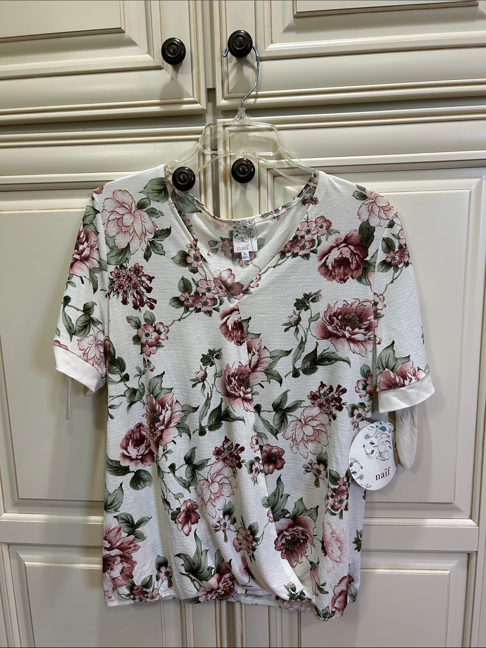 NAIF Cream Floral V-Neck Short Sleeve Top with Mauve Roses